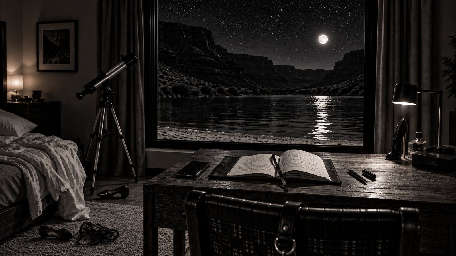 Her desk at night: an open diary with a ribbon, a phone and pen, the moonlit river through the window