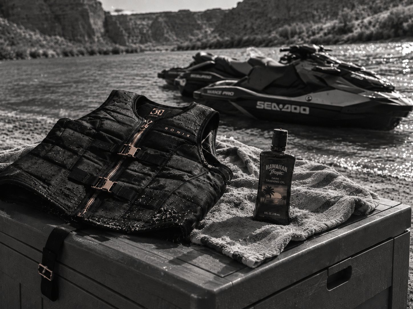 A wet life vest and tanning oil on a wooden chest, Sea-Doos in the river