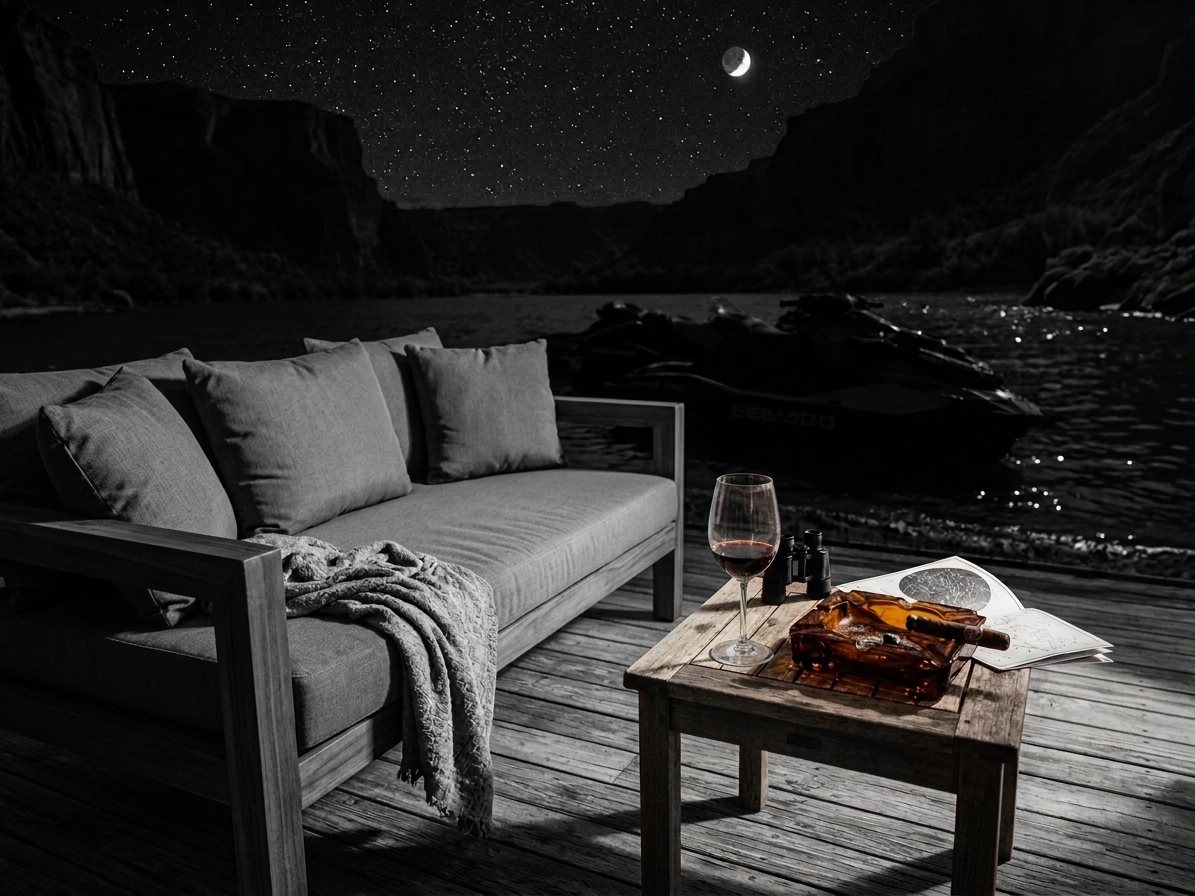 A patio sofa under a crescent moon, a wine glass and cigar on the low table
